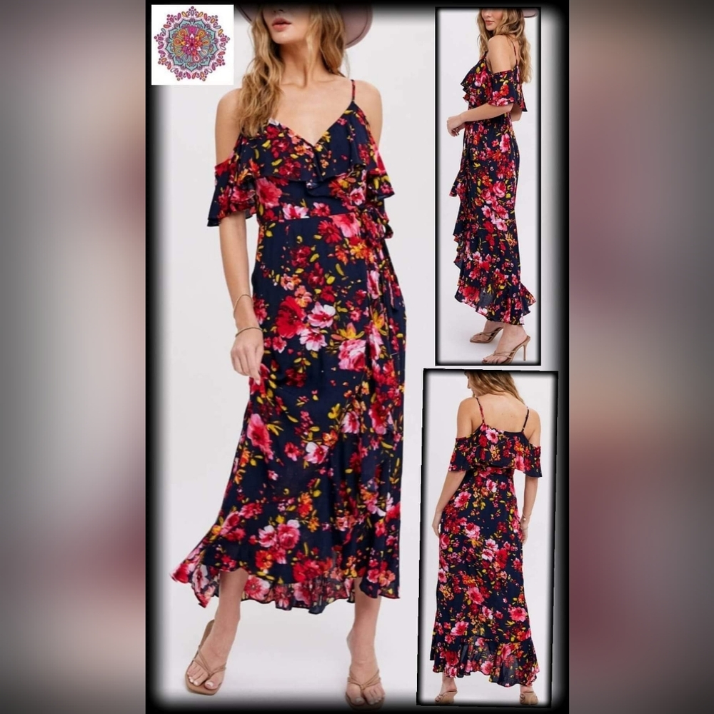 Lined navy open shoulder floral wrap dress